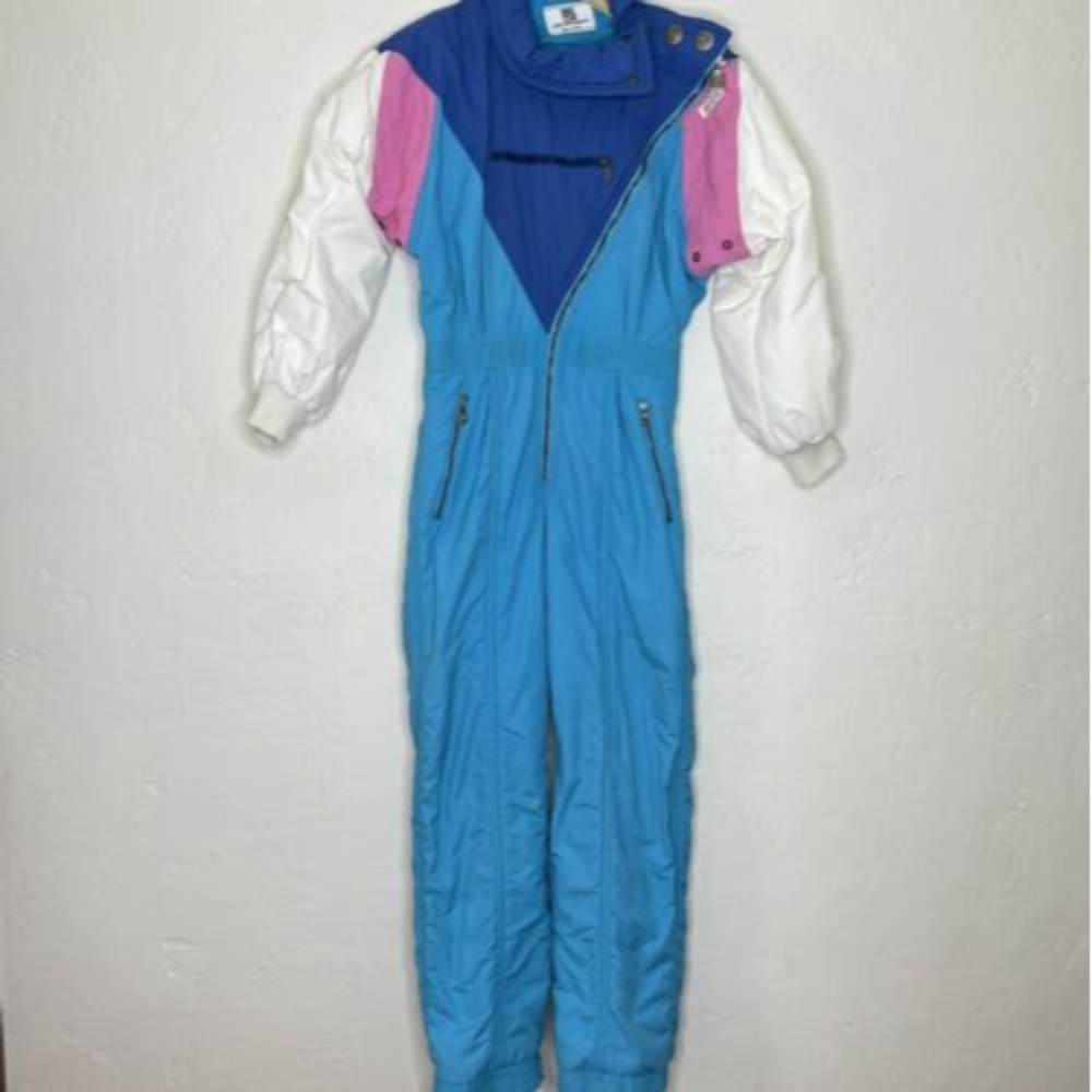Vintage 80’s Peter Steinebronn womens 5 blue pink white ski suit